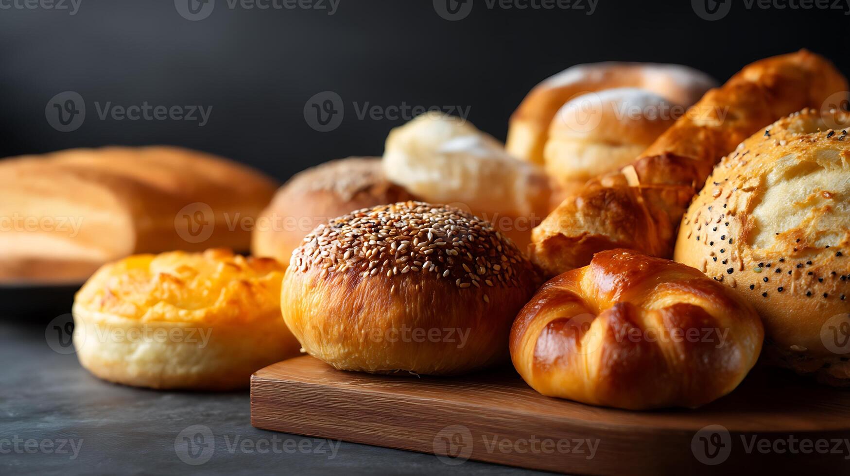 A variety of breads on a wooden board, image of foods, foods wallpaper photo