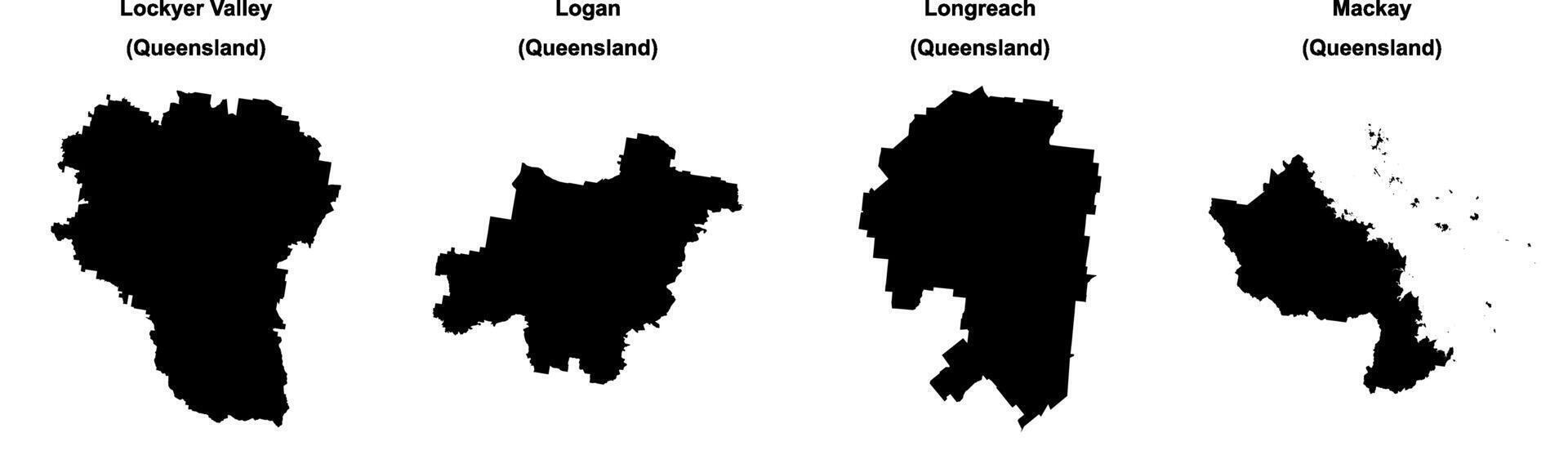 Lockyer Valley, Logan, Longreach, Mackay outline maps vector