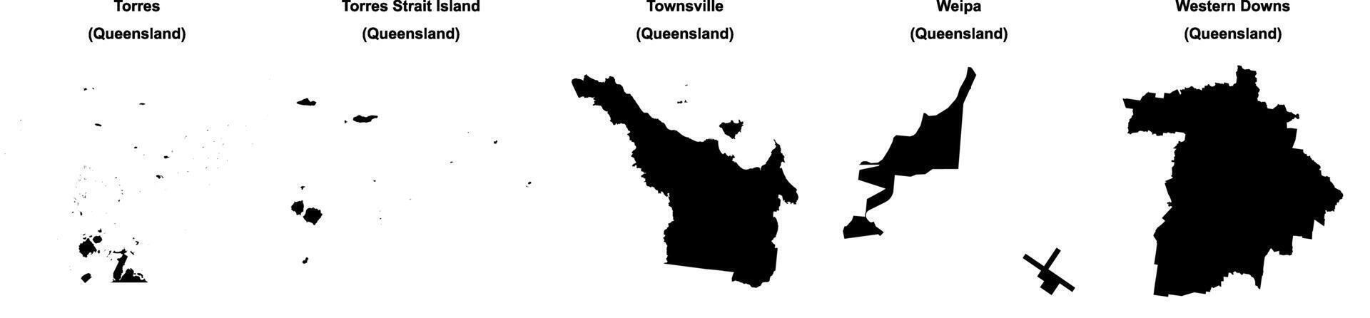 Torres, Torres Strait Island, Townsville, Weipa, Western Downs outline maps vector