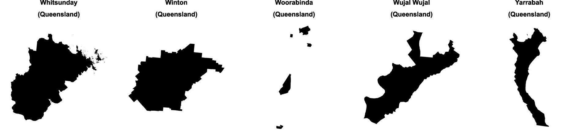 Whitsunday, Winton, Woorabinda, Wujal Wujal, Yarrabah outline maps vector