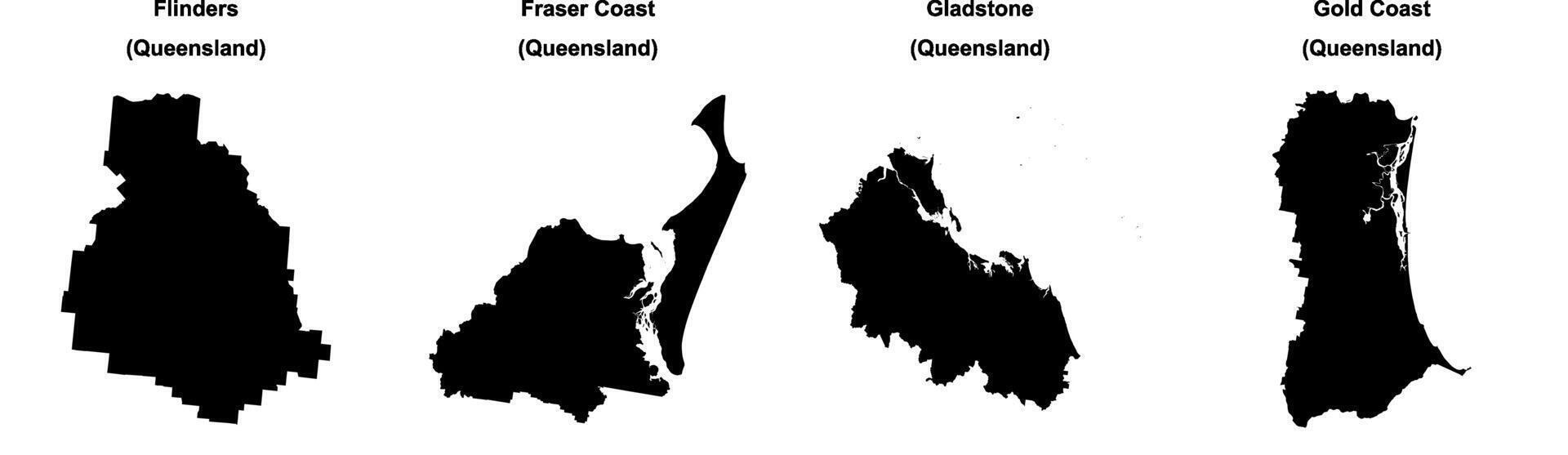 Flinders, Fraser Coast, Gladstone, Gold Coast outline maps vector