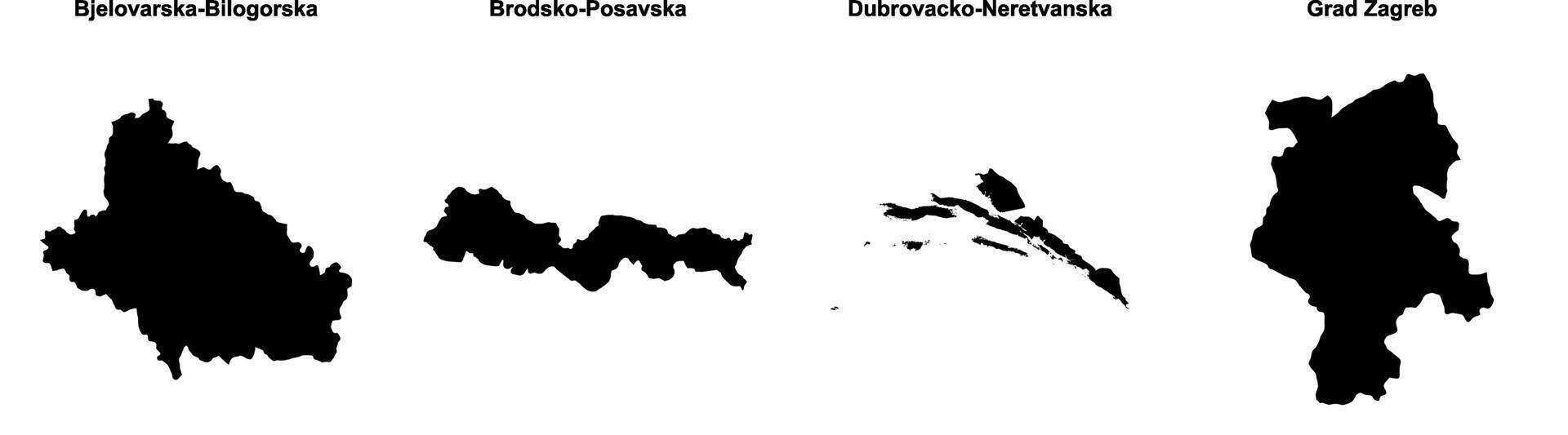 Bjelovarska Bilogorska, Brodsko Posavska, Dubrovacko Neretvanska, Grad Zagreb outline maps vector