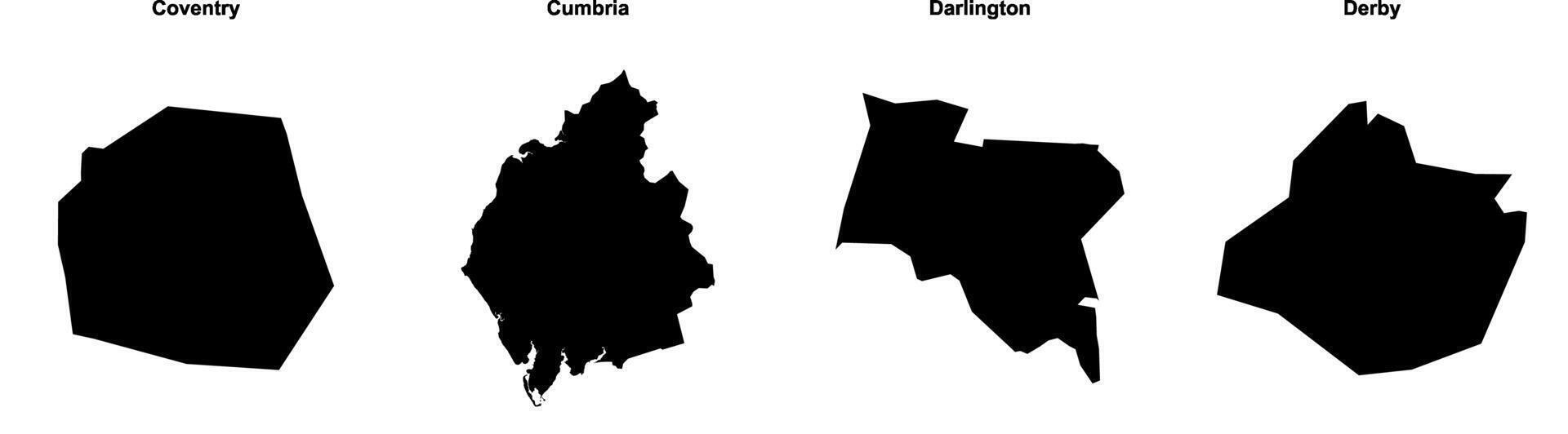 Coventry, Cumbria, Darlington, Derby outline maps vector