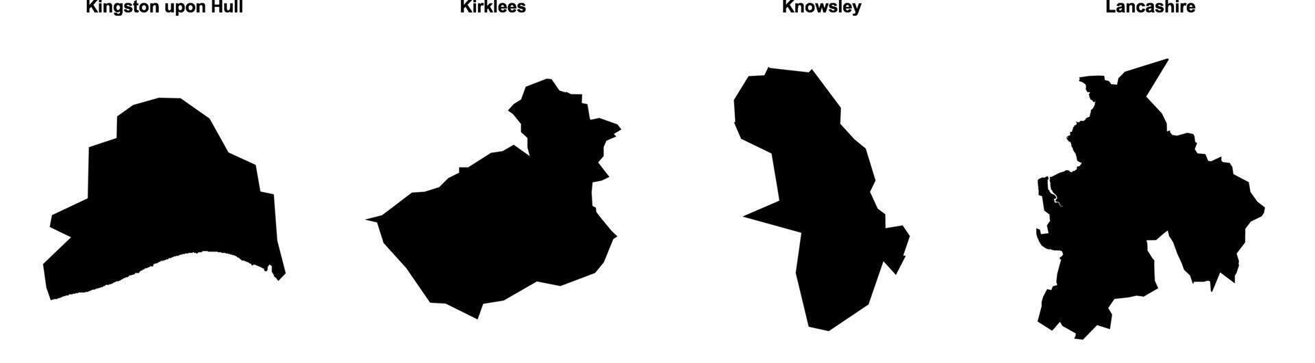 Kingston upon Hull, Kirklees, Knowsley, Lancashire outline maps vector