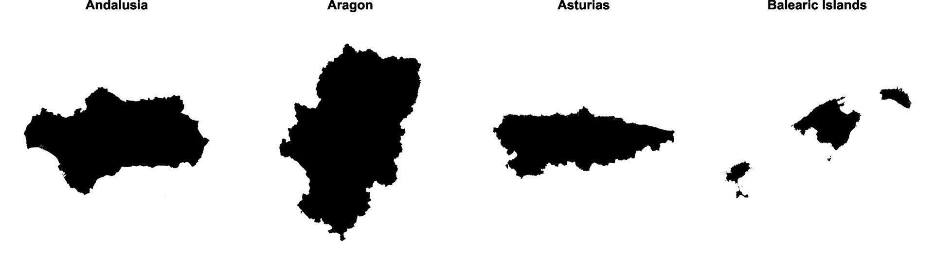 Andalusia, Aragon, Asturias, Balearic Islands outline maps vector