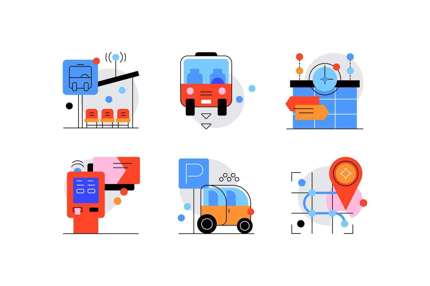 City life and public transport system. Set of icons. Flat graphics vector