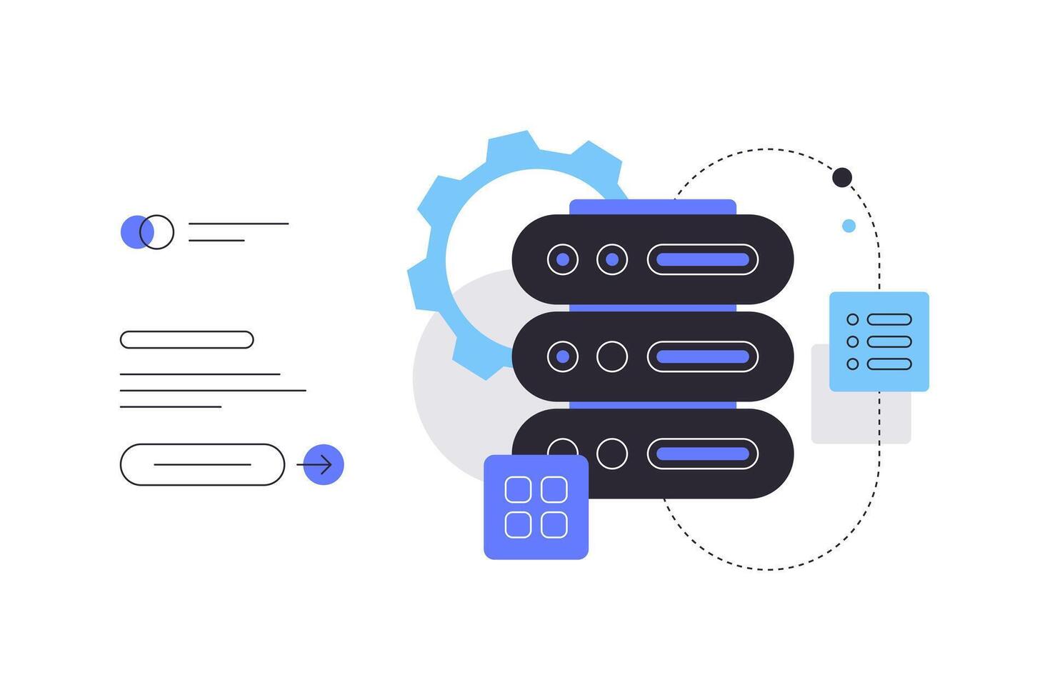 Data center and file sharing. Flat illustration, web banner, presentation slide vector