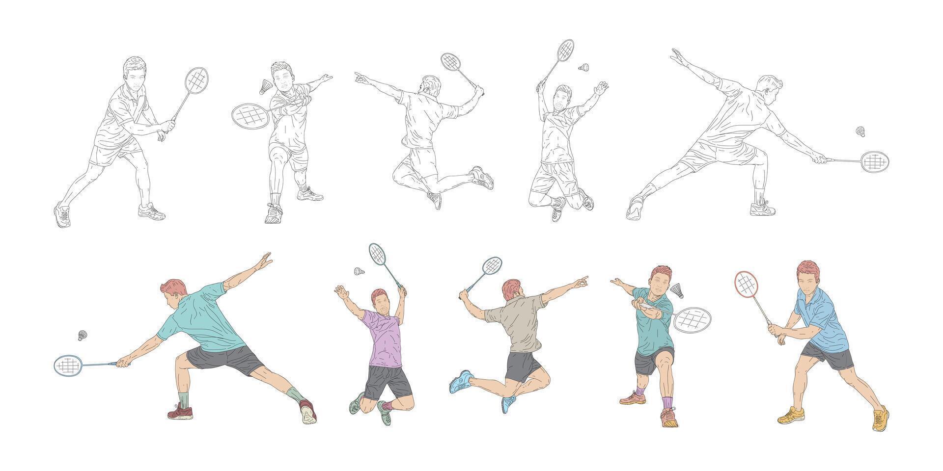 Badminton players collection in action, line art illustration, isolated on a white background. vector