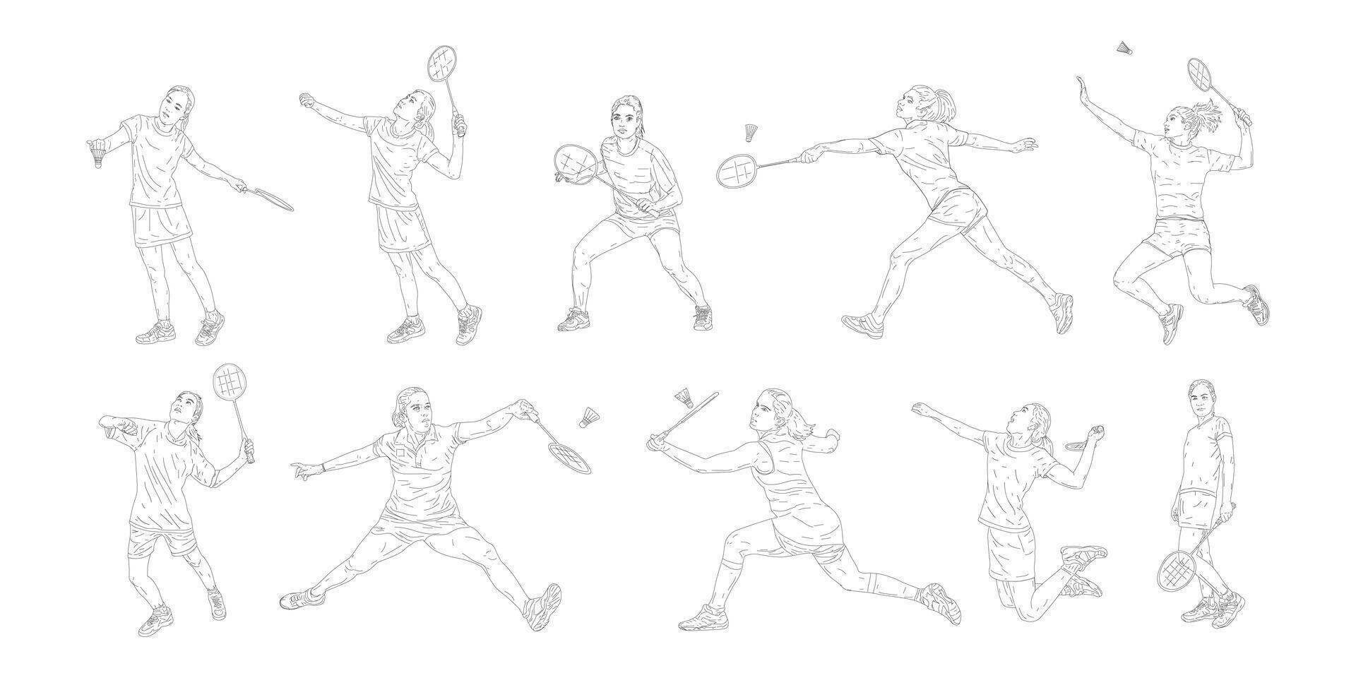 Woman Badminton Players in Action Line Drawing Illustrations style. vector