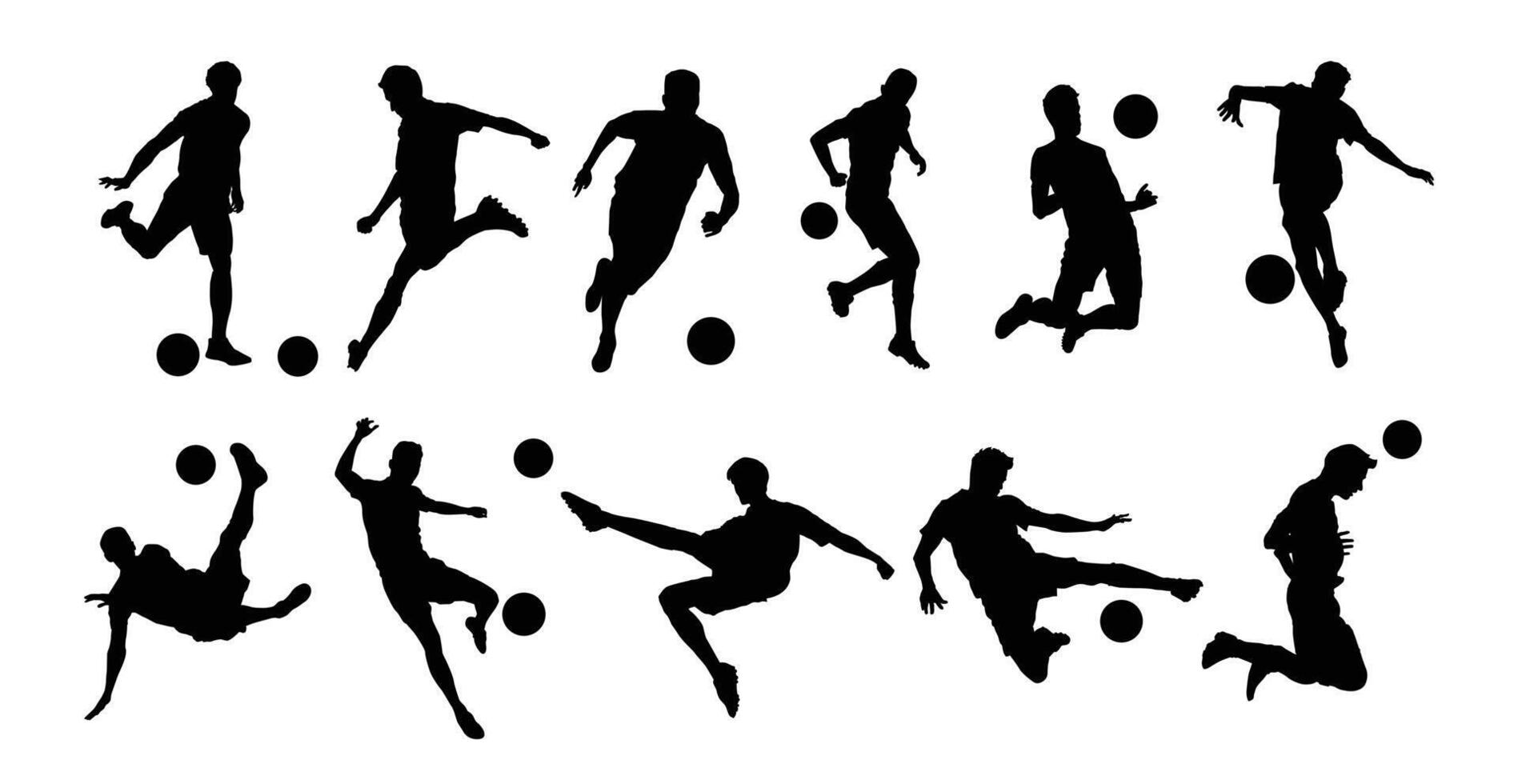 Football soccer players silhouette in action illustration with black and white isolated on white background. vector
