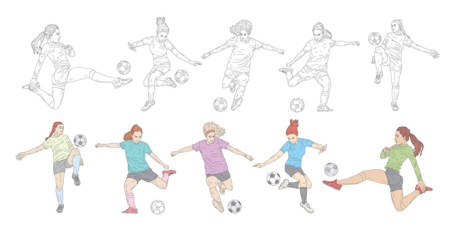 Female Football Soccer Players in Action A Line Art Study, Illustration Style. vector