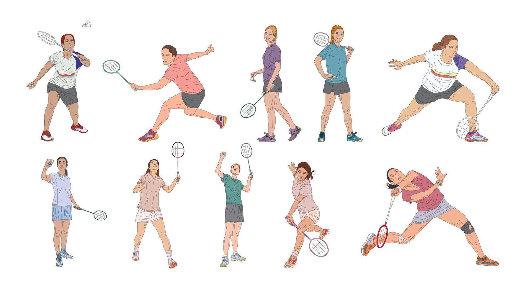 Woman playing badminton in soft color line draw, hand draw, illustration for any design purpose. vector