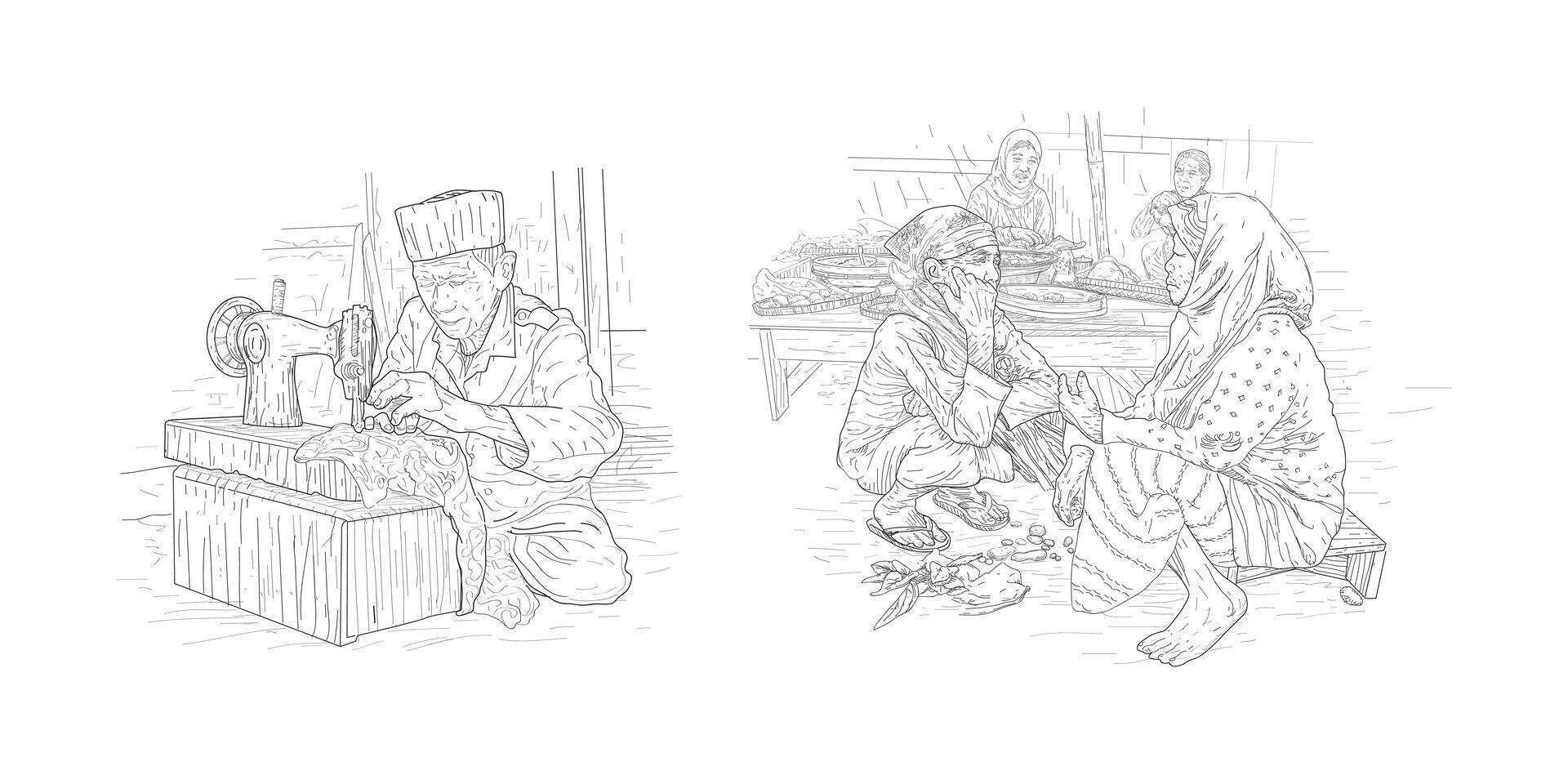 People Sewing Clothes illustration, traditional market activities illustration. vector