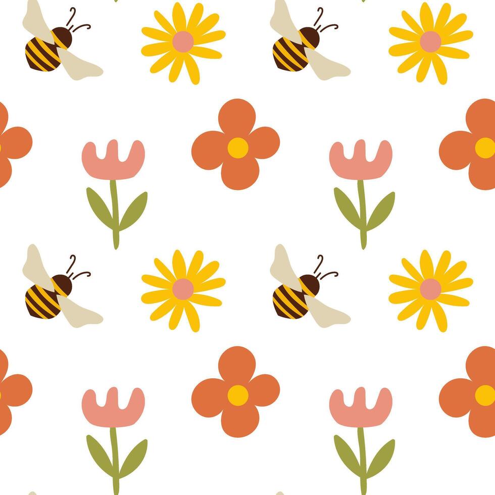 Cute summer seamless pattern with bee and wild simple flowers. vector