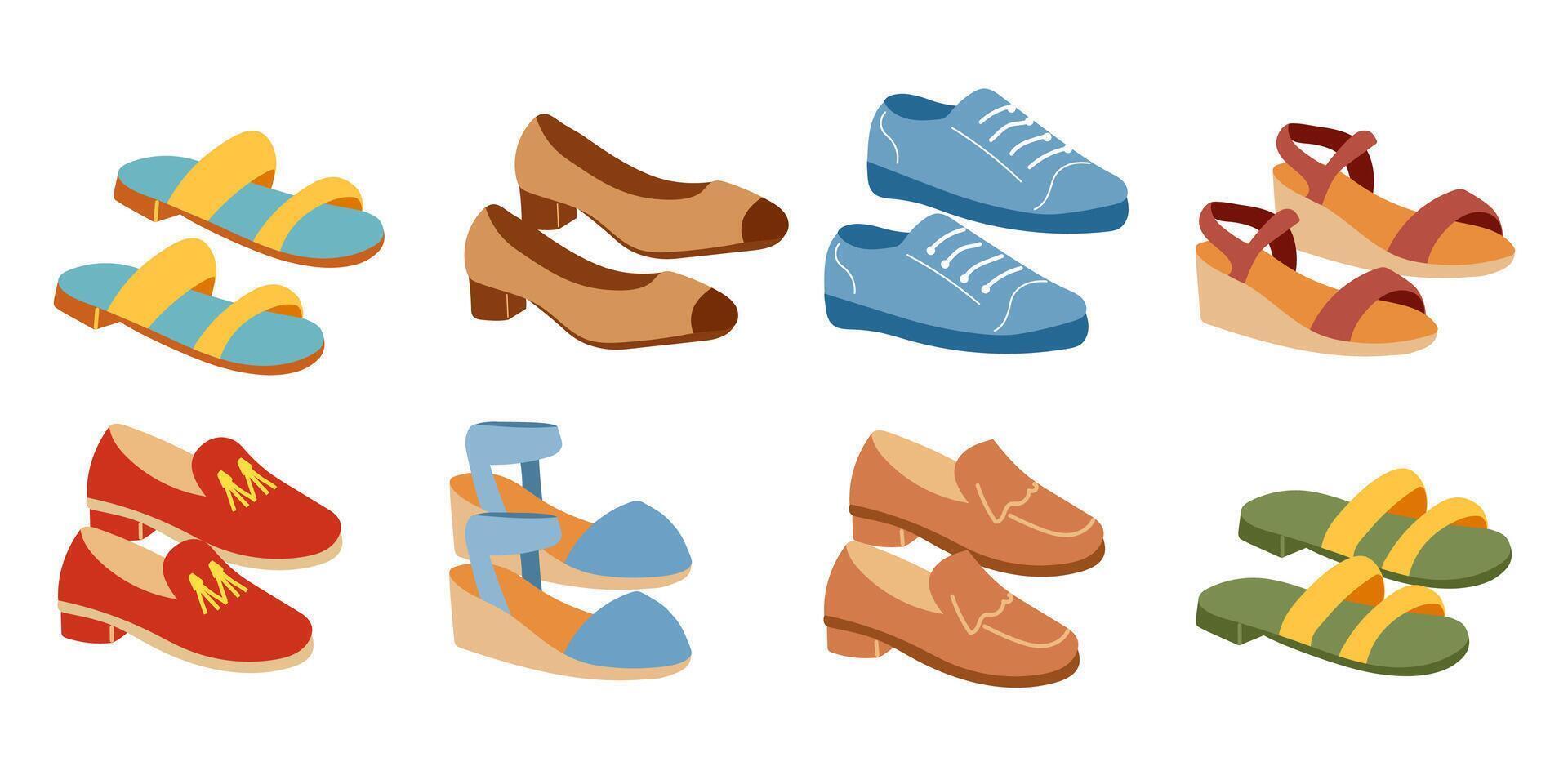 Set of trendy shoes. Women summer shoes. Shoe store elements. vector