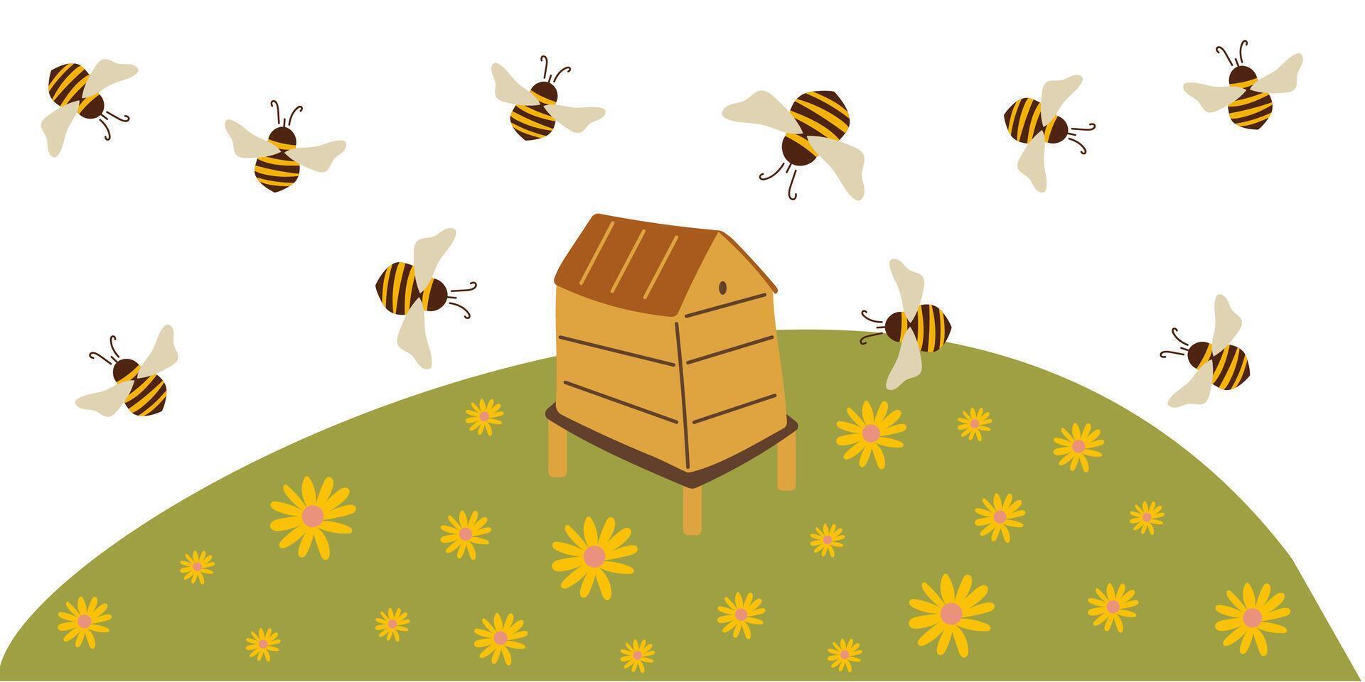 Field with bees and bees farm. Cute background with bees. Beekeeping. vector