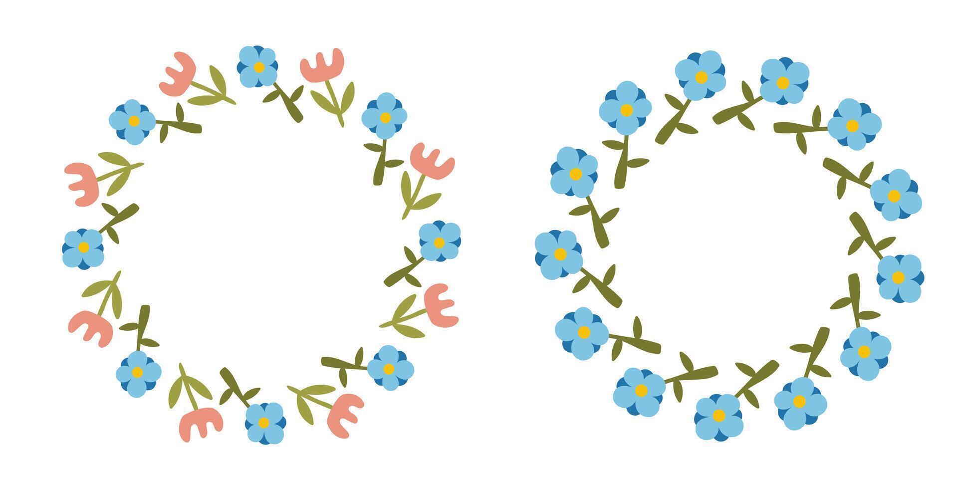 Wild flowers wreath set. Blue and pink simple flowers. vector