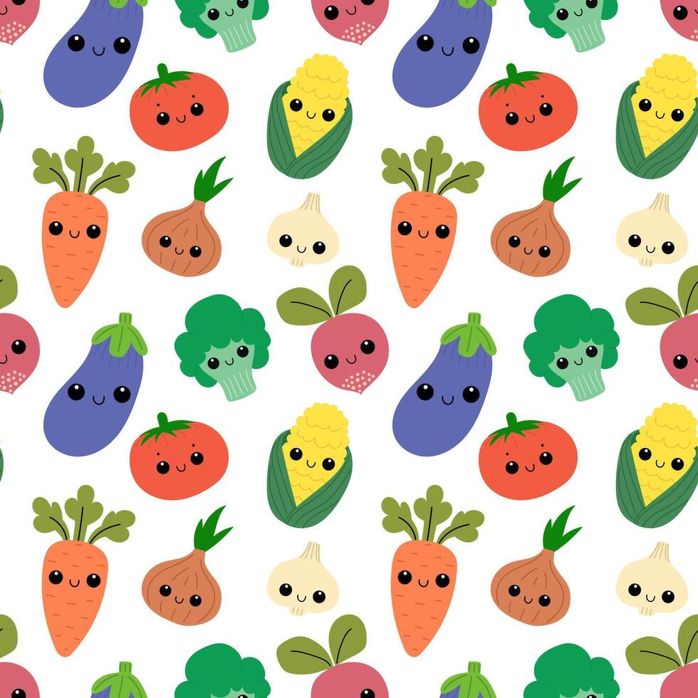 Cute vegetables seamless pattern. Smiling veggies with kawaii faces. vector