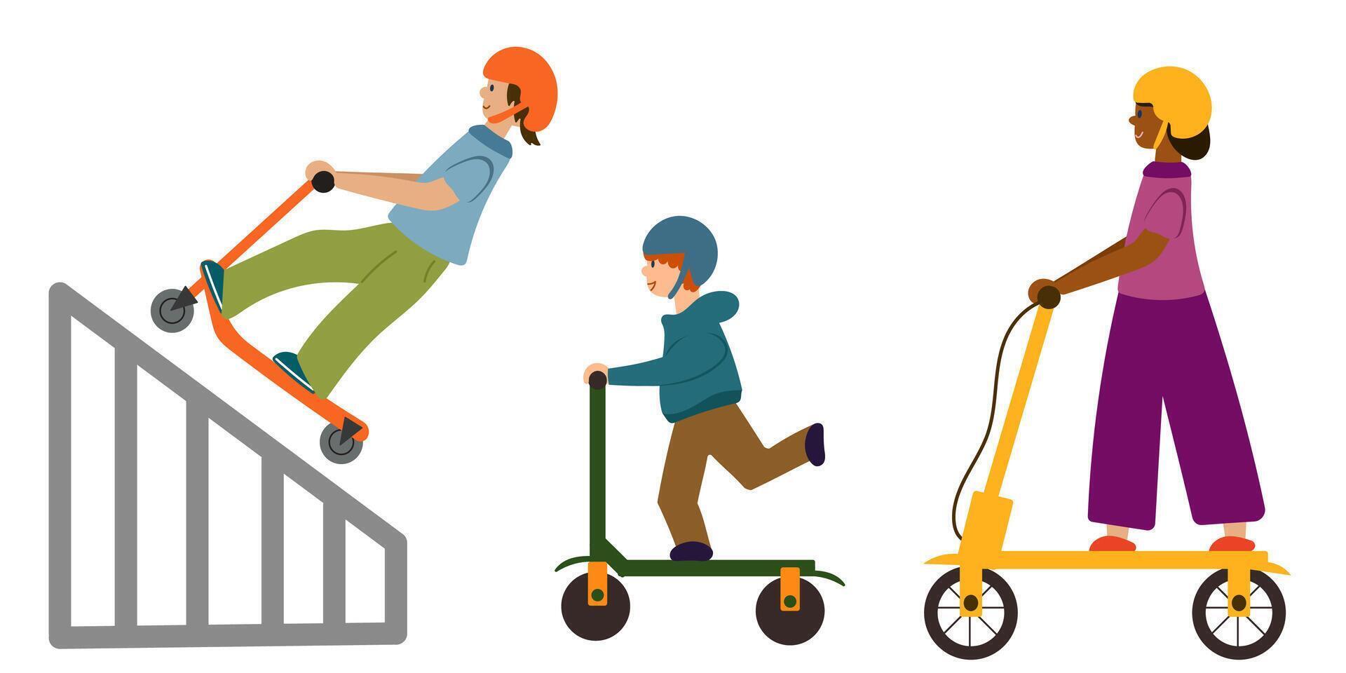 Set of kids on scooters. Electric scooters. Trendy transportation. Activity in park. vector
