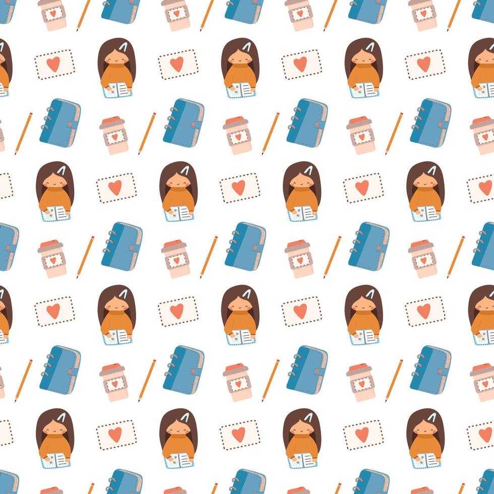 Journaling seamless pattern. Girl writing to the notebook, cup of coffee and pencil. vector