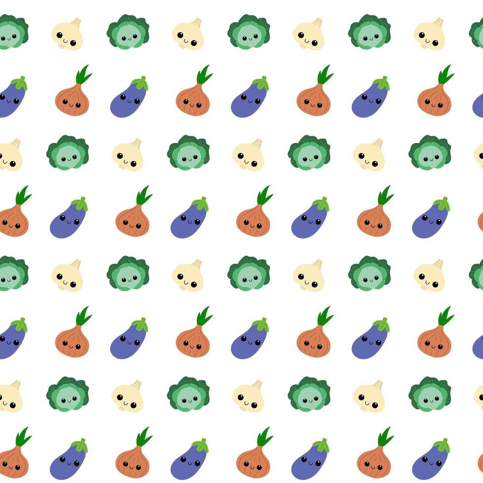 Vegetables seamless pattern. Cute kawaii veggies. Smiling faces. vector