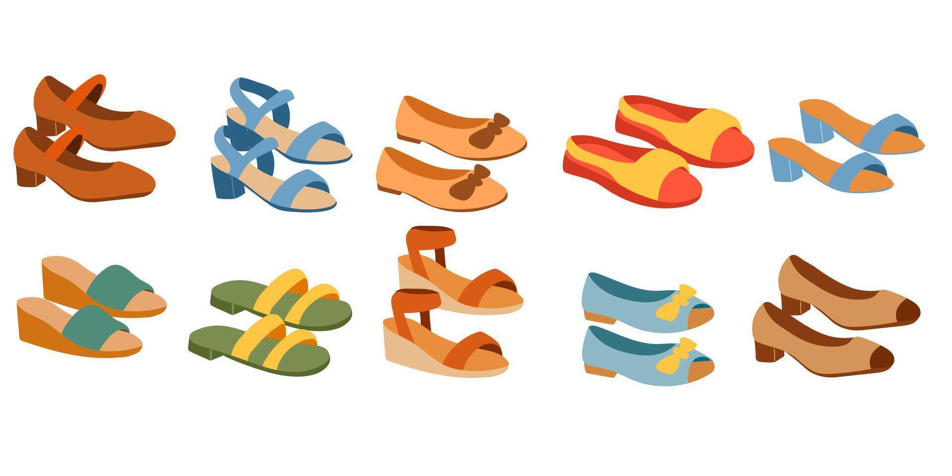 Set of summer shoes. Trendy women shoes collection. vector