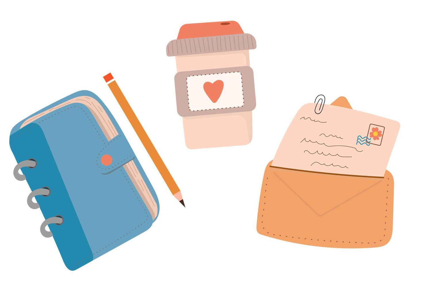 Set of cute journal elements, coffee, journal and letter. vector