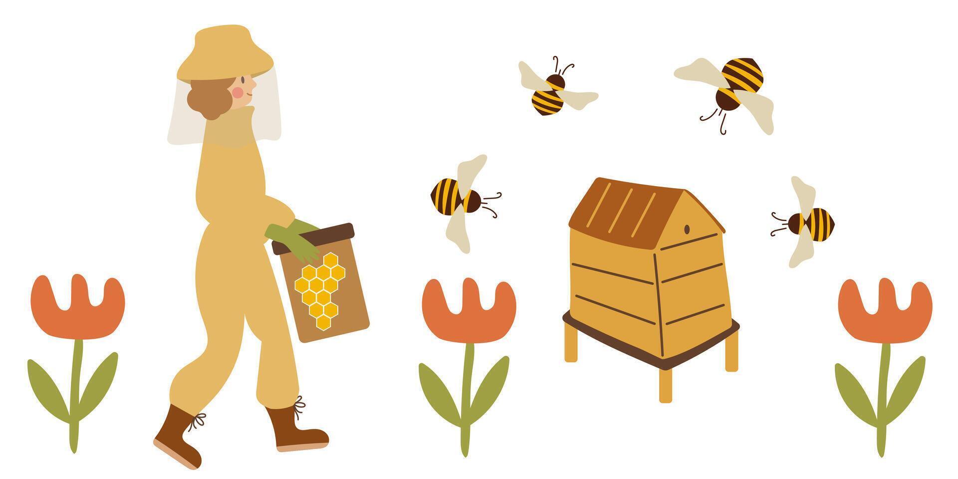 Beekeeper character. Flowers and bees. Beekeeping illustration vector