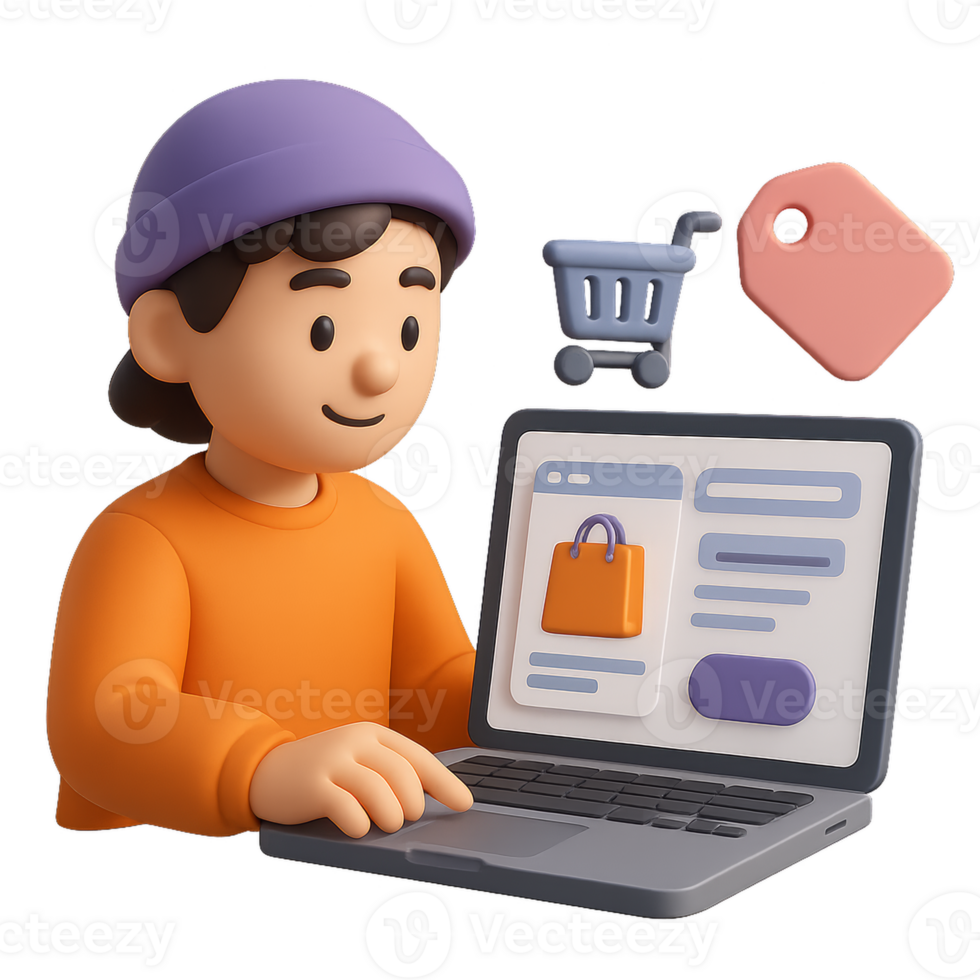 Online Shopping Concept with 3D Character Interacting with Laptop png