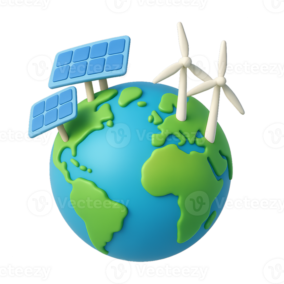Globe with Solar Panels and Wind Turbines for Renewable Energy png
