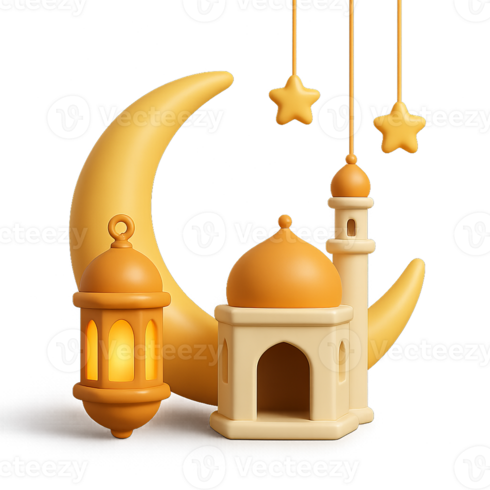 3D Icon Set for Ramadan Festival with Crescent Moon and Lanterns png