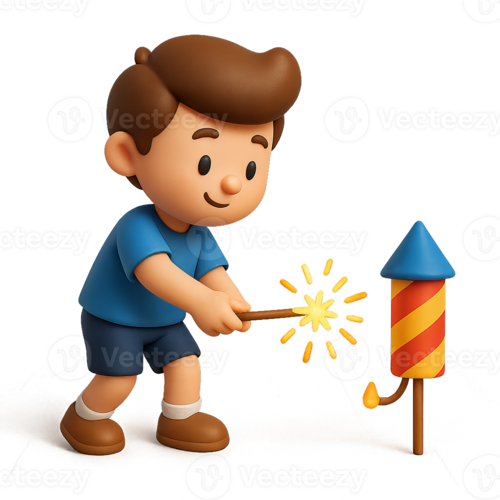 Young Boy Playfully Igniting Firecracker in Colorful Outdoor Scene png
