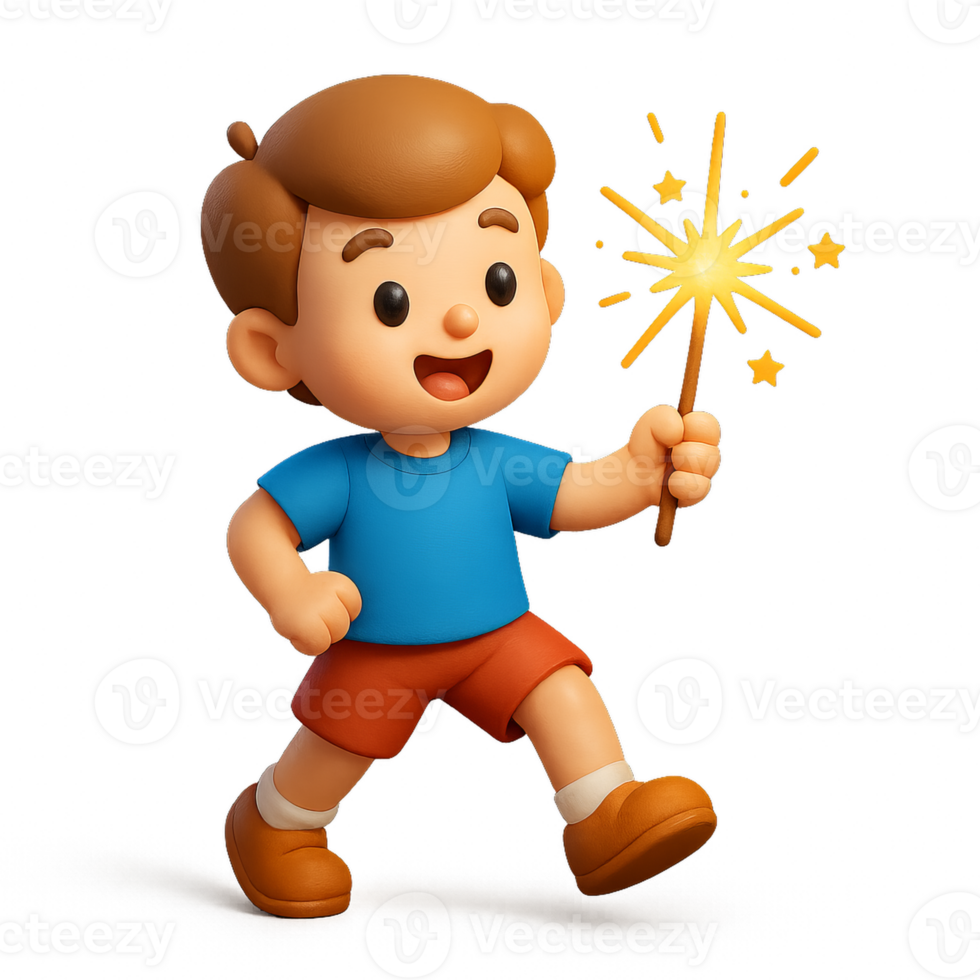 Joyful Boy Celebrating with 3D Fireworks and Sparkler in Hand png