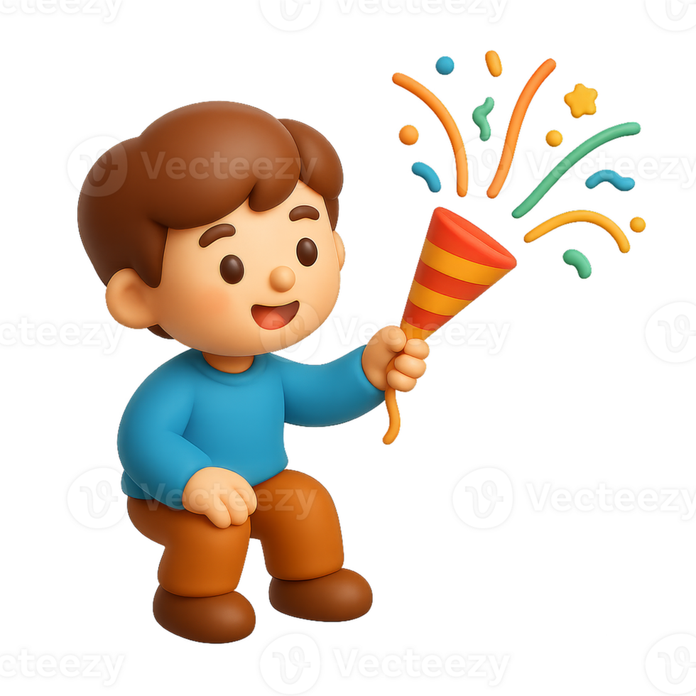 Joyful Boy Holding Colorful Paper Fireworks in Celebration Scene png