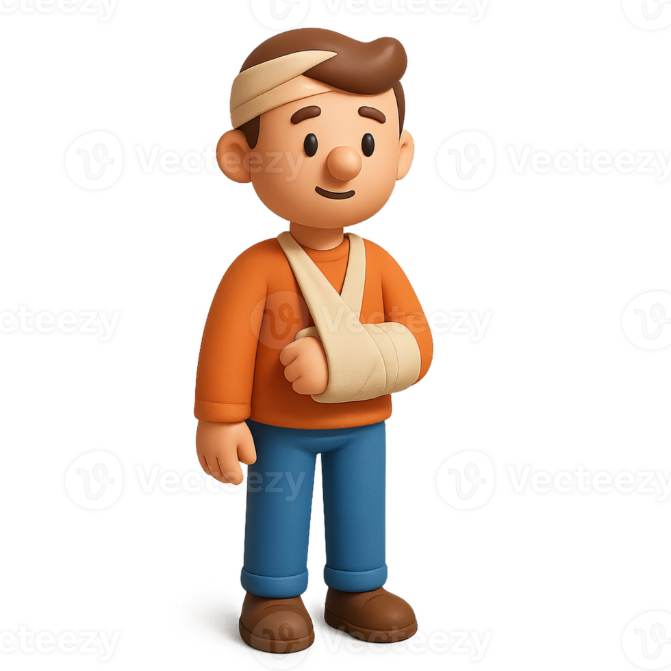Injured Cartoon Character in 3D Style with Bandages and Sling png
