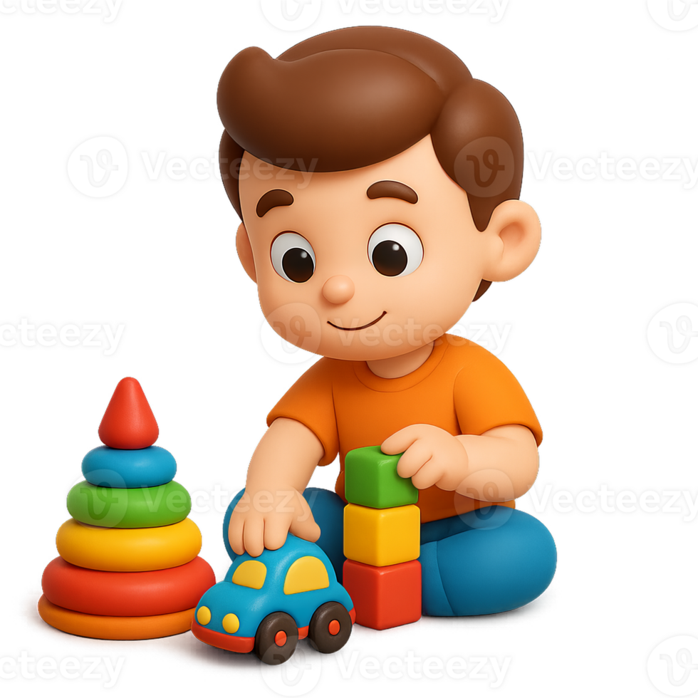 Cute Cartoon Boy Playing with Colorful Building Blocks and Toy Car png