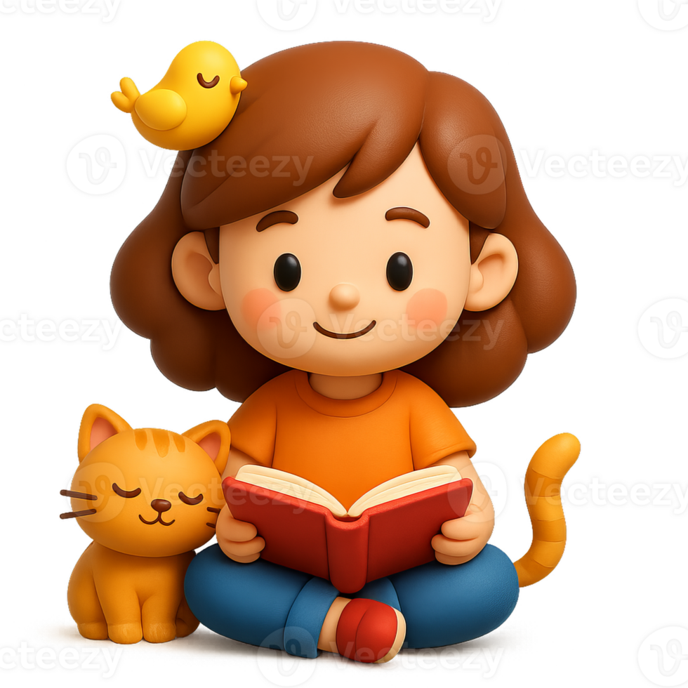 Cartoon Girl Reading a Book with a Cat and Bird in a Simple Style png