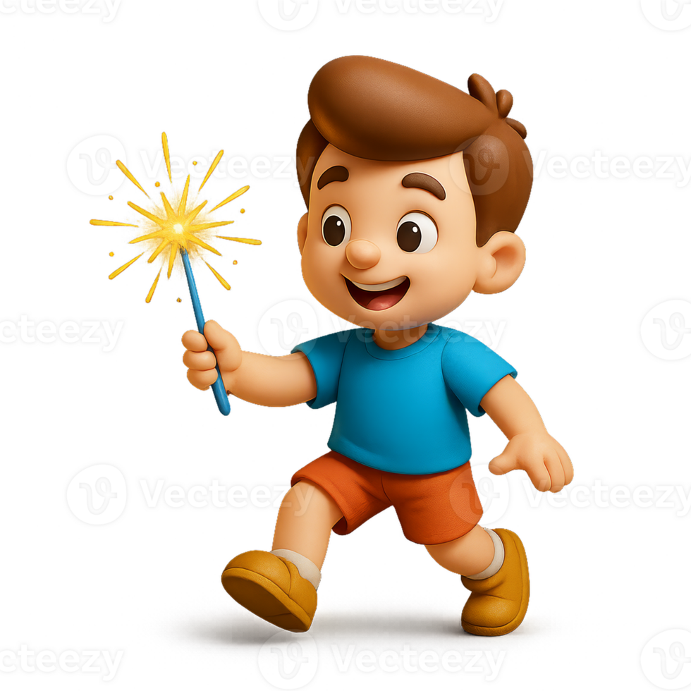 Happy Boy Enjoying Fireworks with Sparkler in 3D Animation Style png