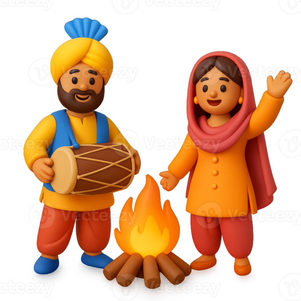 Colorful Lohri Festival Celebration with Traditional Characters and Fire png