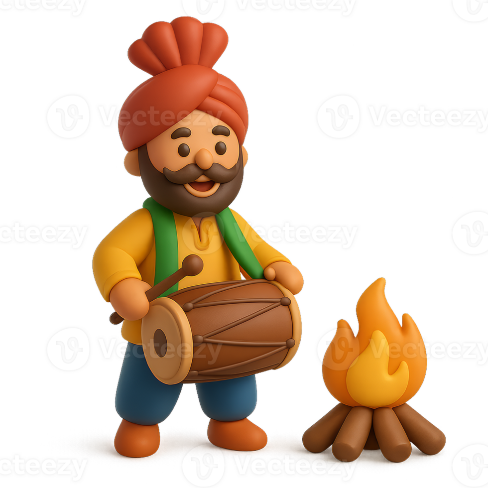 3D Lohri Celebration Icon with Drummer and Bonfire Elements png