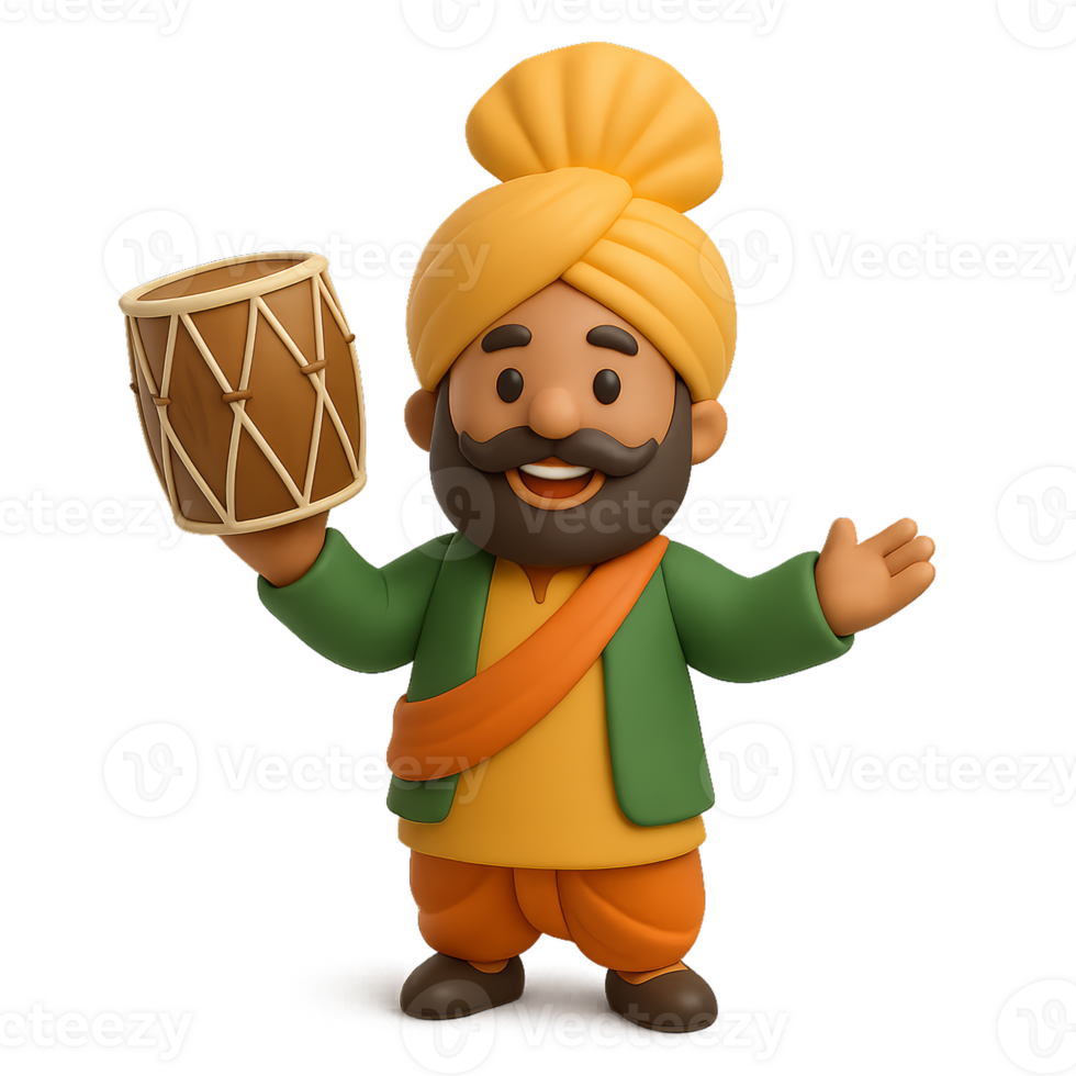 3D Simple Man Icon Celebrating Lohri with Drum in Vibrant Attire png