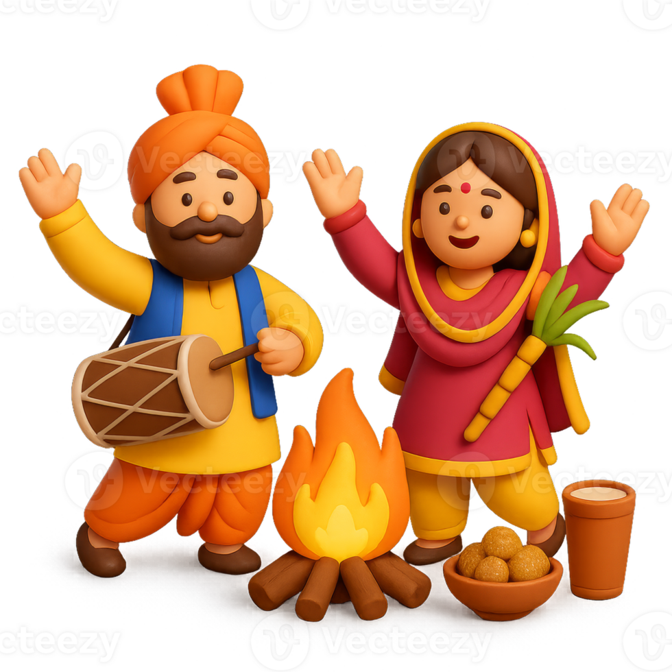 Vibrant Lohri Festival Celebration with Colorful Characters and Fire png