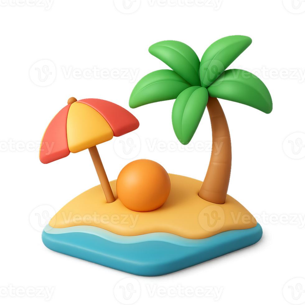 Colorful 3D Beach Icon with Palm Tree and Umbrella on Sand Island png