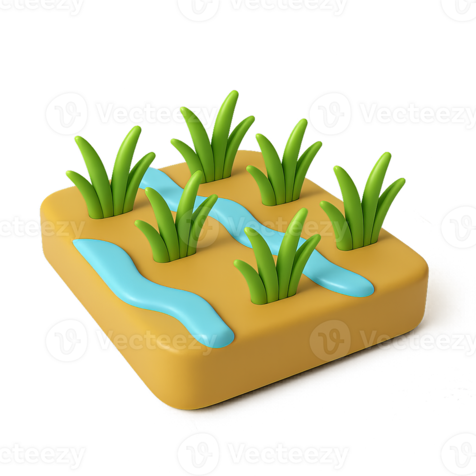 3D Icon of a Simple Rice Field Composition with Water and Plants png