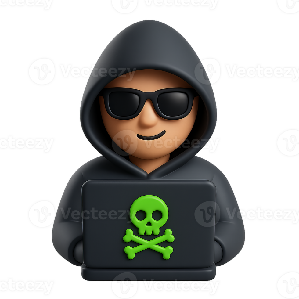 Simple 3D Hacker Icon with Laptop and Green Skull Graphic png