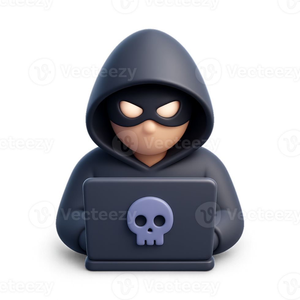3D Simple Hacker Icon with Laptop and Skull Symbol Design png