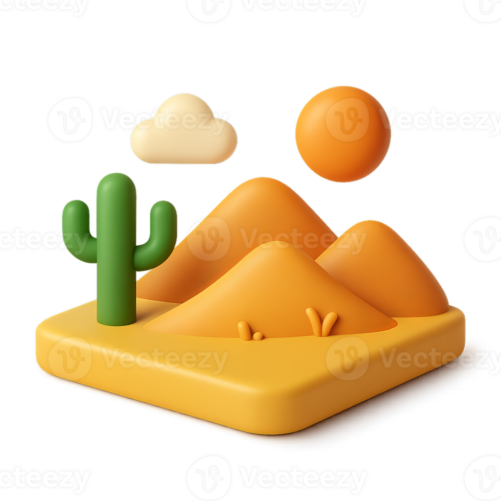 Simple 3D Desert Icon Composition with Cactus and Sun Element png