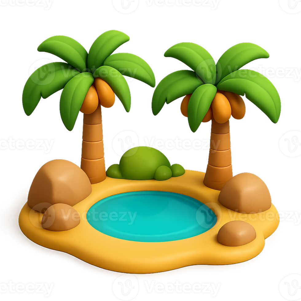 Lush Paradise Oasis with Palm Trees and Calm Water Feature png