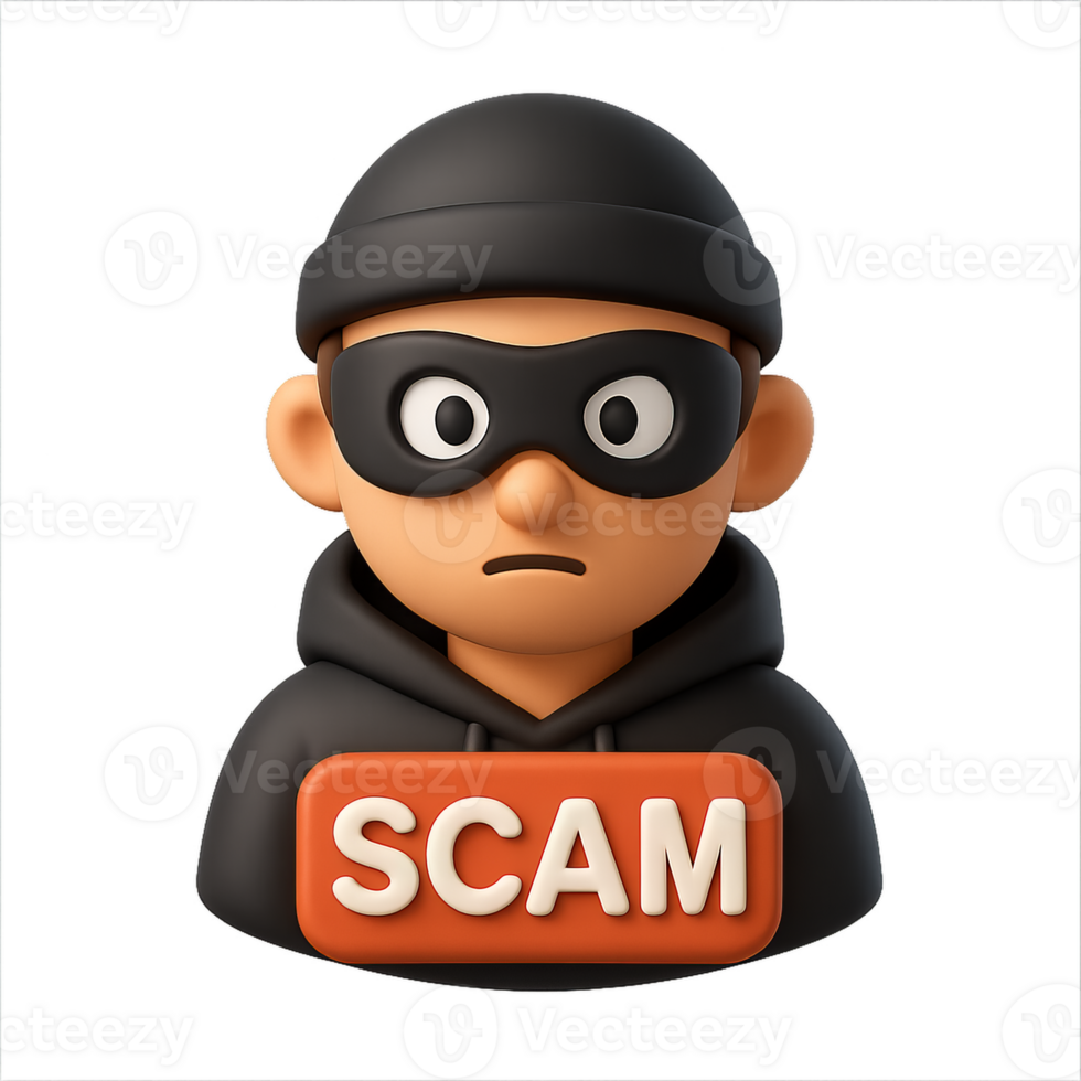 3D Icon of Scammer Character with Alert Message for Safety Awareness png