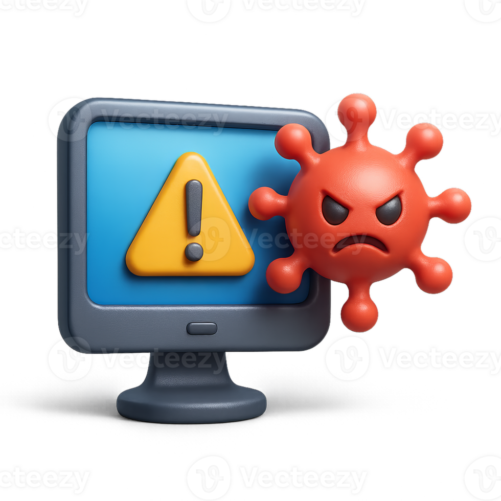 3D Icon of Computer Screen with Warning Sign and Virus Representation png